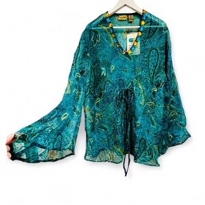 Midnight Velvet Teal and Yellow Paisley Sheer Blouse